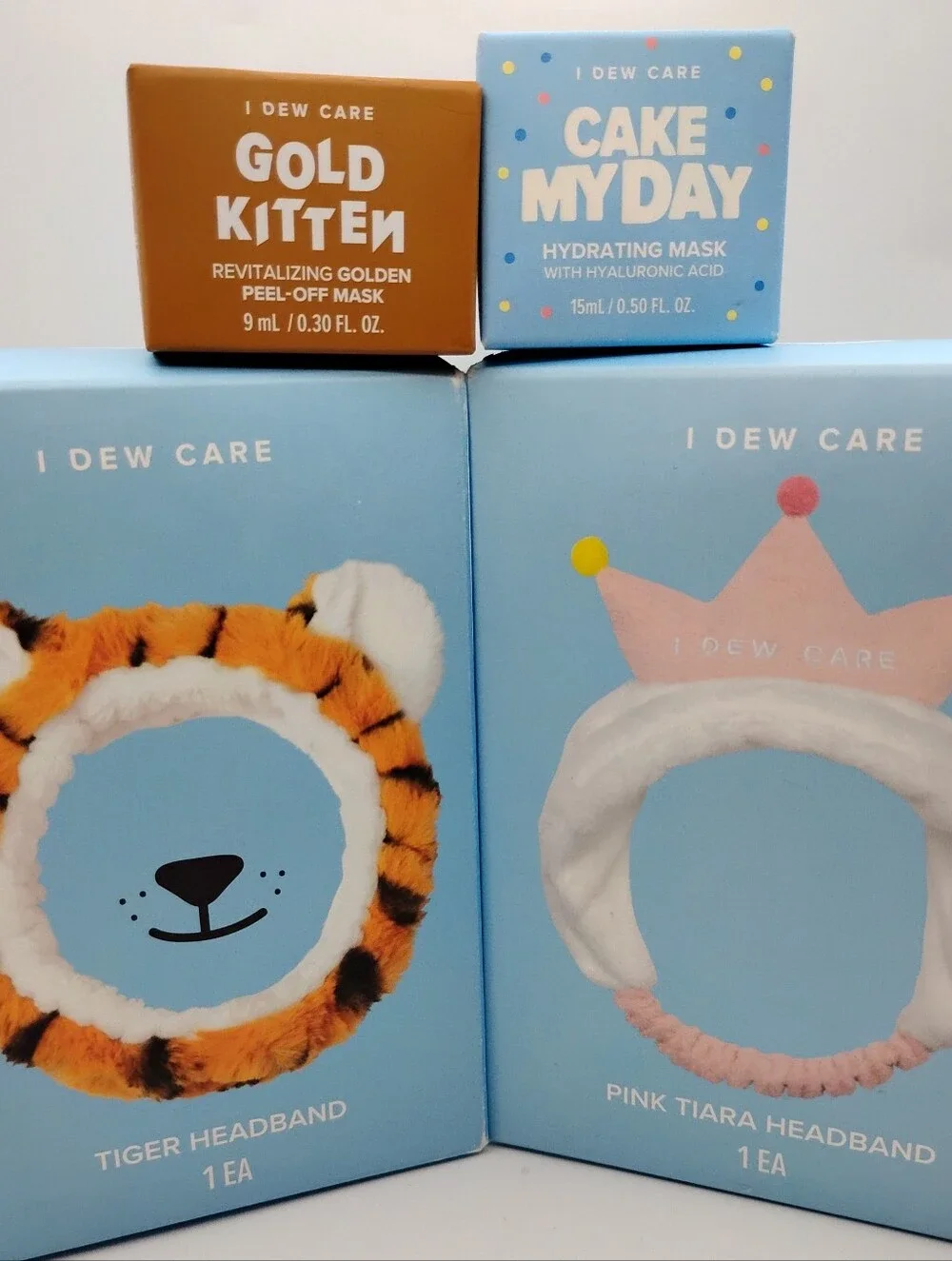 I Dew Care Tiger & Princess Tiara Headband With Gold Kitten & Cake My Day Masks